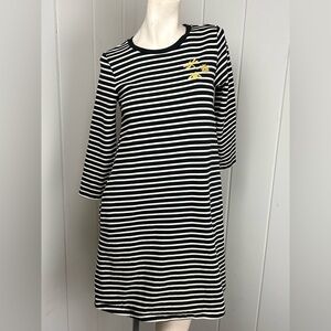 Joules Black White Striped Bee Embroidered casual shift Dress 3/4 Sleeve Size 8